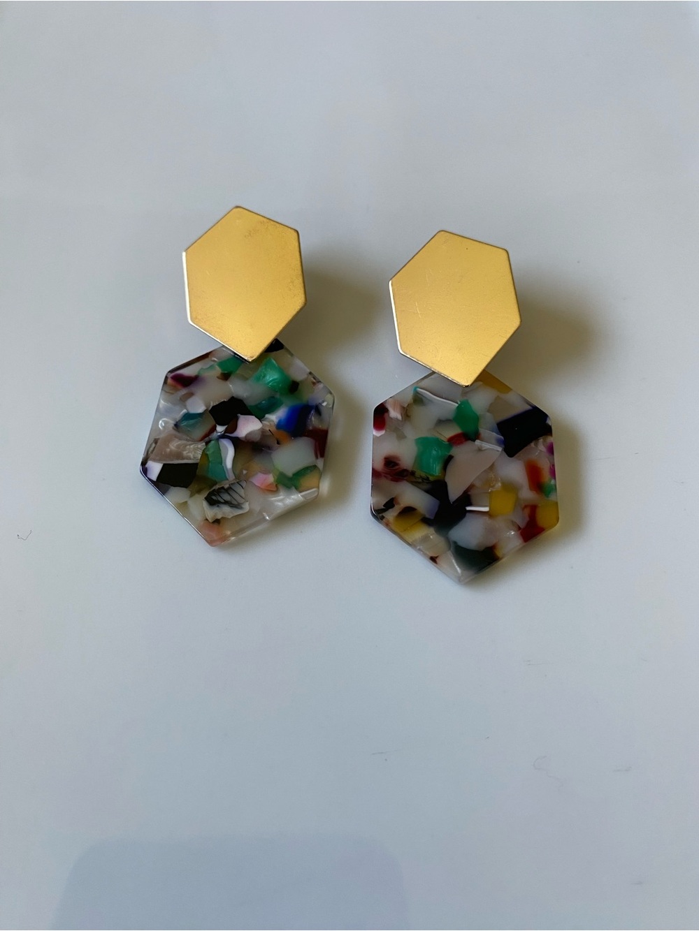 Gold Hexagon Multicolor Resin Drop Earrings - Women Jewelry